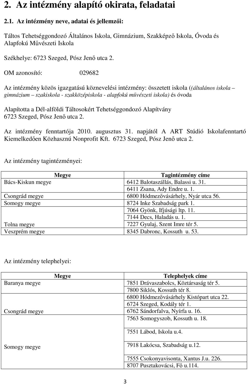 OM azonosító: 029682 Az intézmény közös igazgatású köznevelési intézmény: összetett iskola ((általános iskola gimnázium szakiskola - szakközépiskola - alapfokú művészeti iskola) és óvoda Alapította a