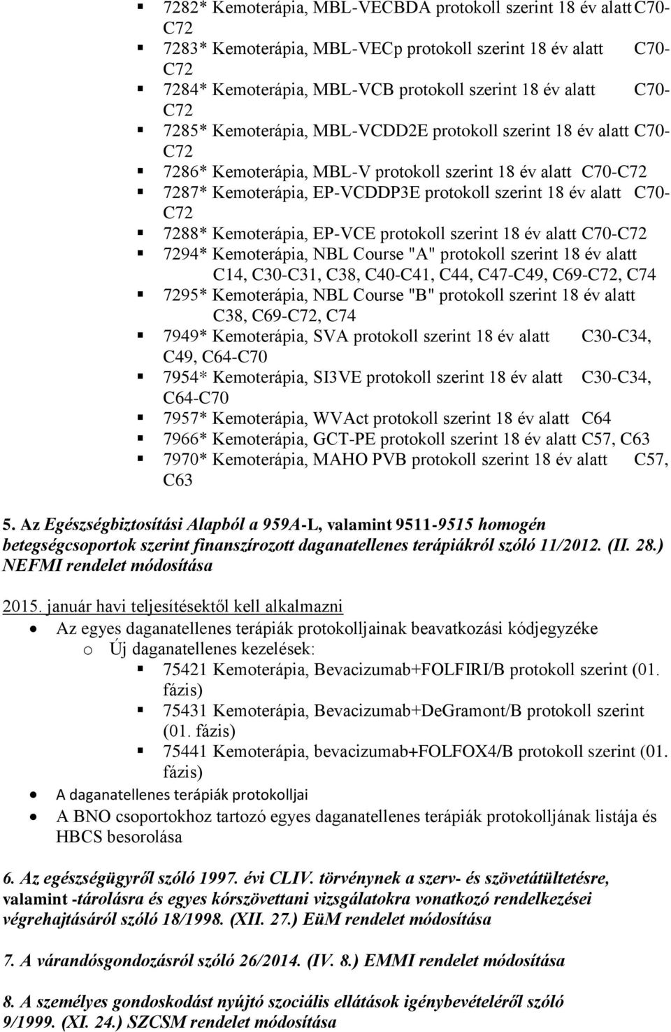 7288 Kemoterápia, EP-VCE protokoll szerint 18 év alatt C70-C72 7294 Kemoterápia, NBL Course "A" protokoll szerint 18 év alatt C14, C30-C31, C38, C40-C41, C44, C47-C49, C69-C72, C74 7295 Kemoterápia,