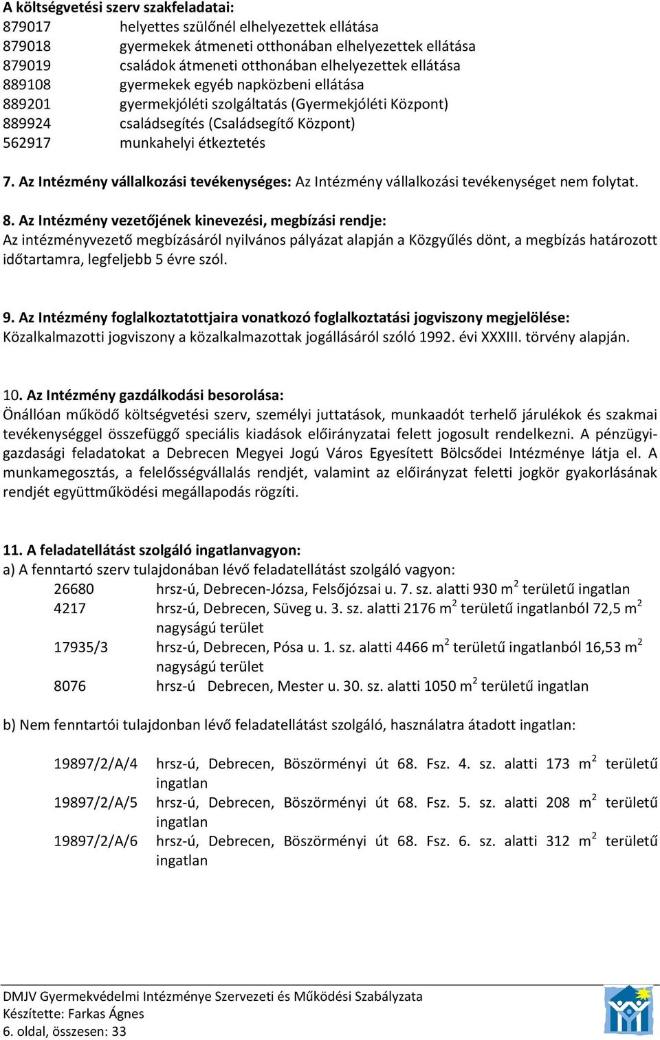 Az Intézmény vállalkozási tevékenységes: Az Intézmény vállalkozási tevékenységet nem folytat. 8.