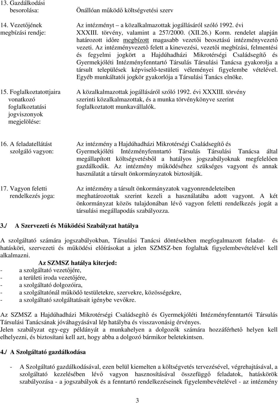 Az intézményvezető felett a kinevezési, vezetői megbízási, felmentési és fegyelmi jogkört a Hajdúhadházi Mikrotérségi Családsegítő és Gyermekjóléti Intézményfenntartó Társulás Társulási Tanácsa