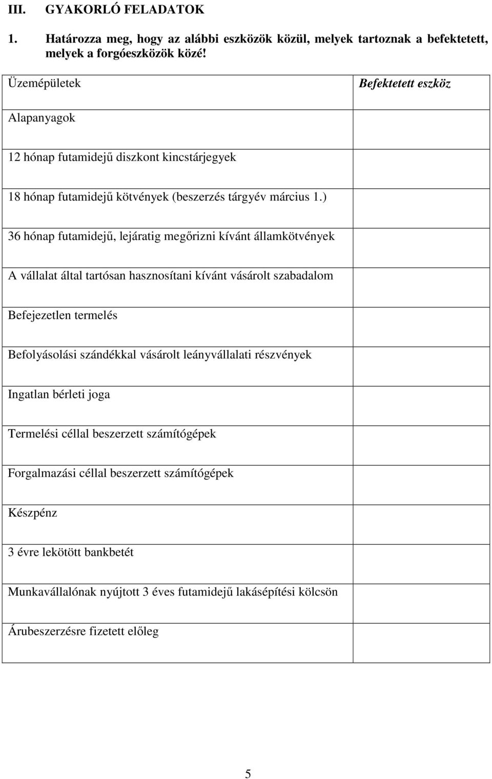 ) 36 hónap futamidejű, lejáratig megőrizni kívánt államkötvények A vállalat által tartósan hasznosítani kívánt vásárolt szabadalom Befejezetlen termelés Befolyásolási szándékkal