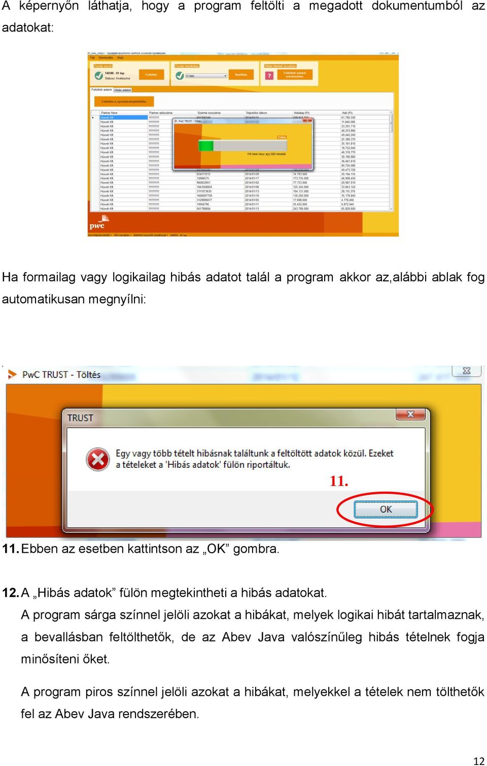 A Hibás adatok fülön megtekintheti a hibás adatokat.