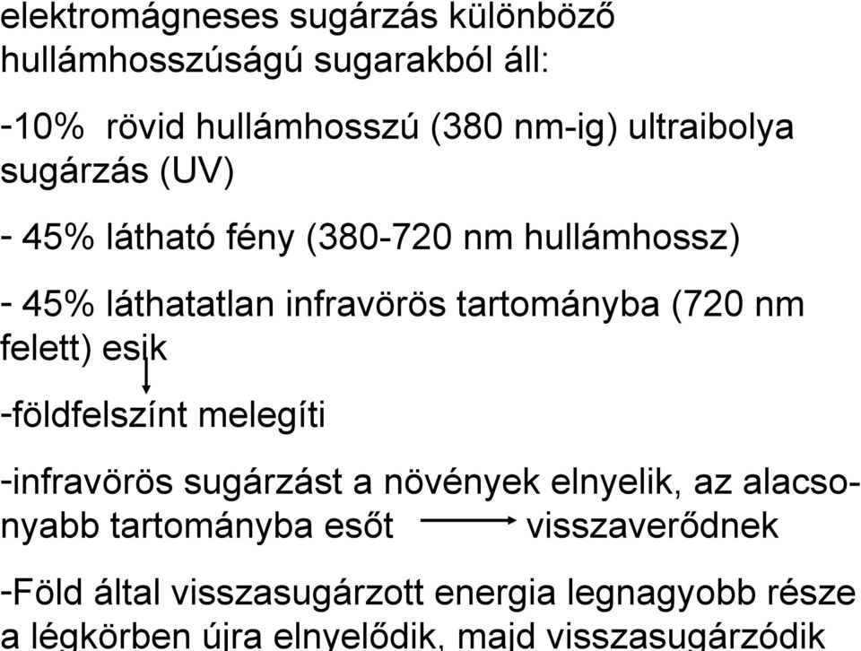 ultraibolya sugárzás (UV) - 45% látható fény (380-720 nm hullámhossz) - 45% láthatatlan infravörös tartományba