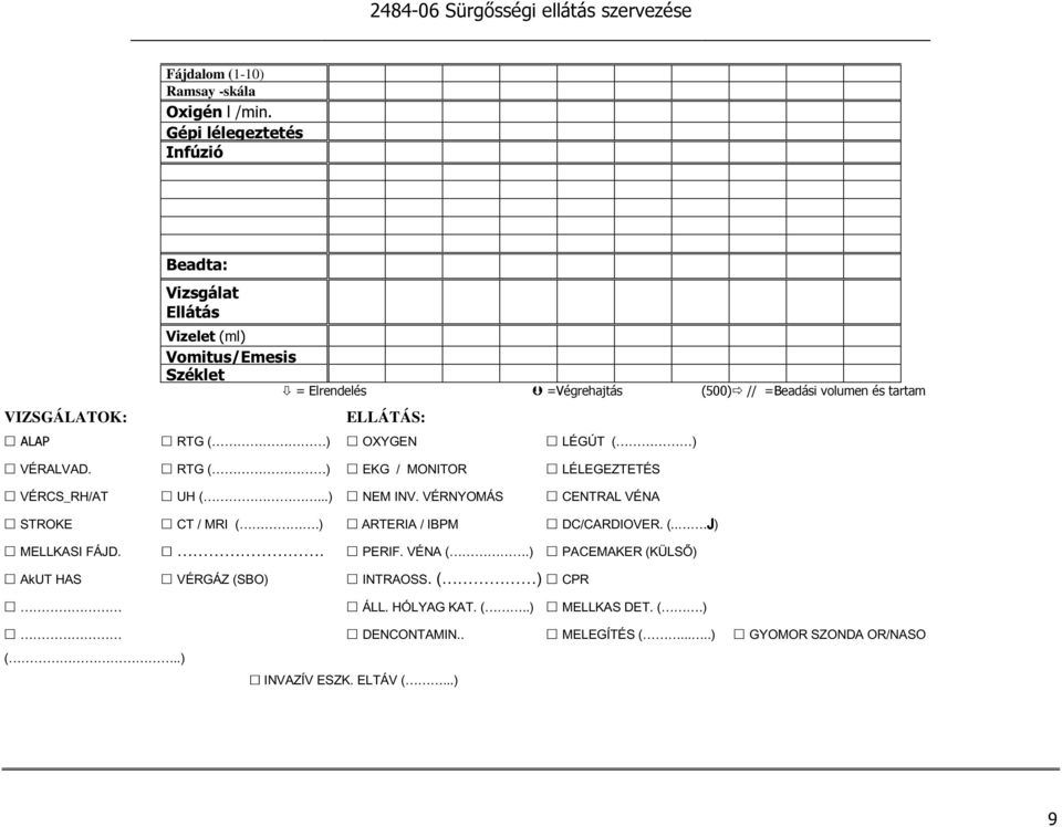 volumen és tartam ELLÁTÁS: ALAP RTG ( ) OXYGEN LÉGÚT ( ) VÉRALVAD. RTG ( ) EKG / MONITOR LÉLEGEZTETÉS VÉRCS_RH/AT UH (...) NEM INV.