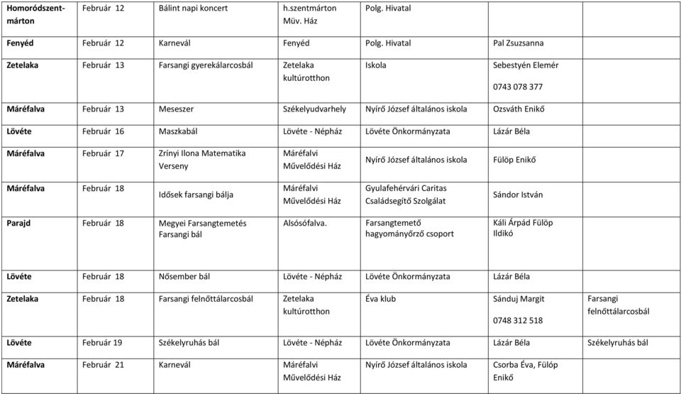 iskola Ozsváth Enikő Lövéte Február 16 Maszkabál Lövéte - Népház Lövéte Önkormányzata Lázár Béla Máréfalva Február 17 Zrínyi Ilona Matematika Verseny Máréfalvi Művelődési Ház Nyírő József általános