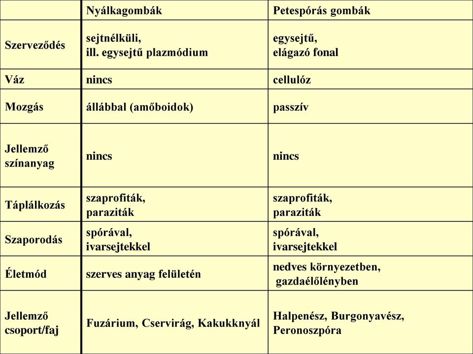 színanyag nincs nincs Táplálkozás Szaporodás Életmód szaprofiták, paraziták spórával, ivarsejtekkel szerves anyag