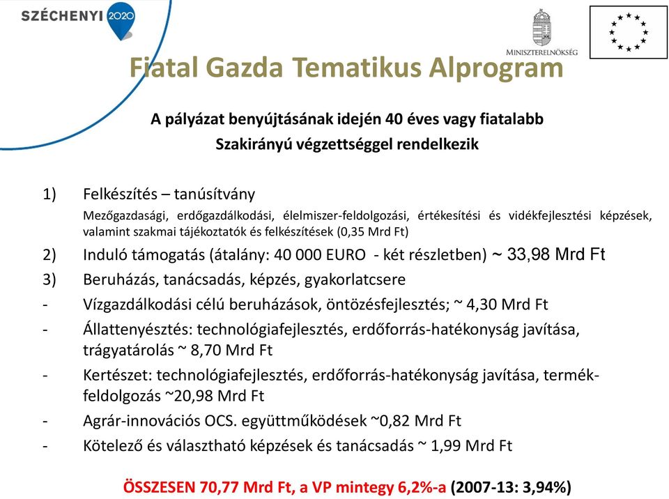 Mrd Ft 3) Beruházás, tanácsadás, képzés, gyakorlatcsere - Vízgazdálkodási célú beruházások, öntözésfejlesztés; ~ 4,30 Mrd Ft - Állattenyésztés: technológiafejlesztés, erdőforrás-hatékonyság javítása,