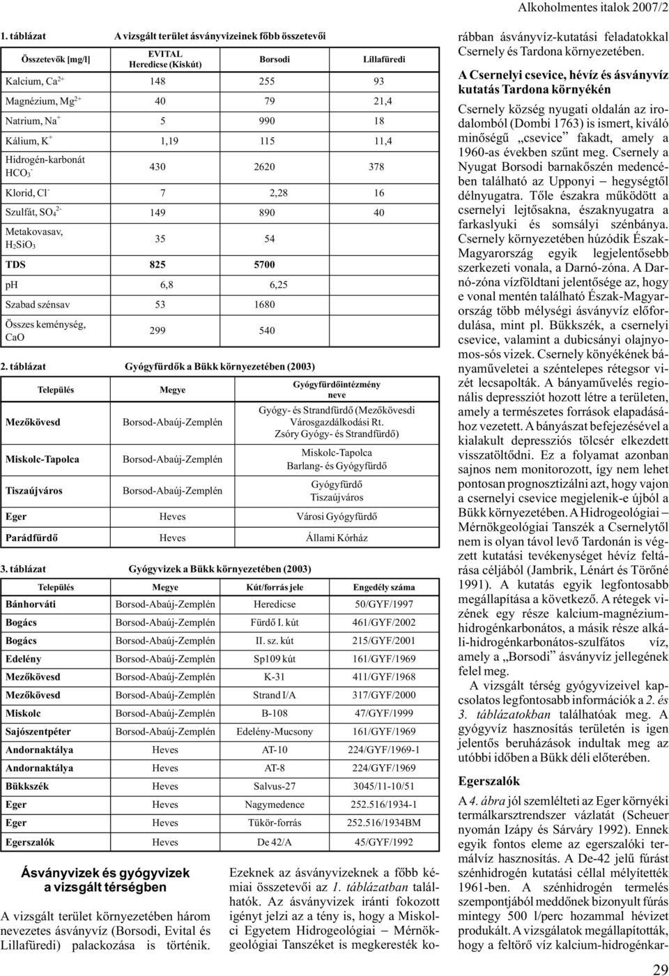 nevezetes ásványvíz (Borsodi, Evital és Lillafüredi) palackozása is történik. 149 890 40 Metakovasav, H 2SiO 3 35 54 TDS 825 5700 ph 6,8 6,25 Szabad szénsav 53 1680 Összes keménység, CaO 299 540 2.