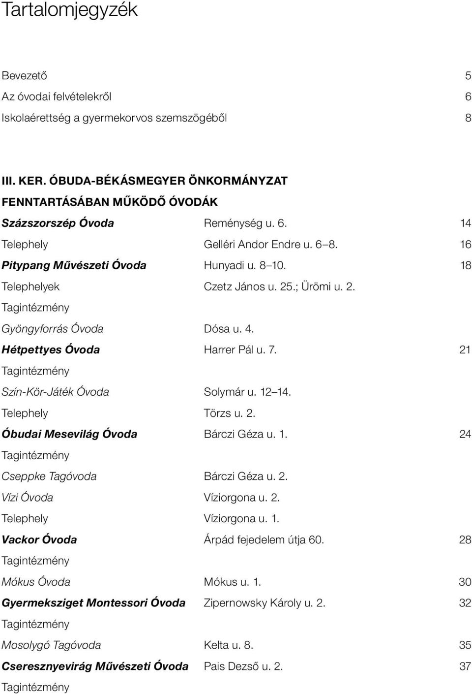 Hétpettyes Óvoda Harrer Pál u. 7. 21 Tagintézmény Szín-Kör-Játék Óvoda solymár u. 12 14. Telephely Törzs u. 2. Óbudai Mesevilág Óvoda Bárczi Géza u. 1. 24 Tagintézmény Cseppke Tagóvoda Bárczi Géza u.