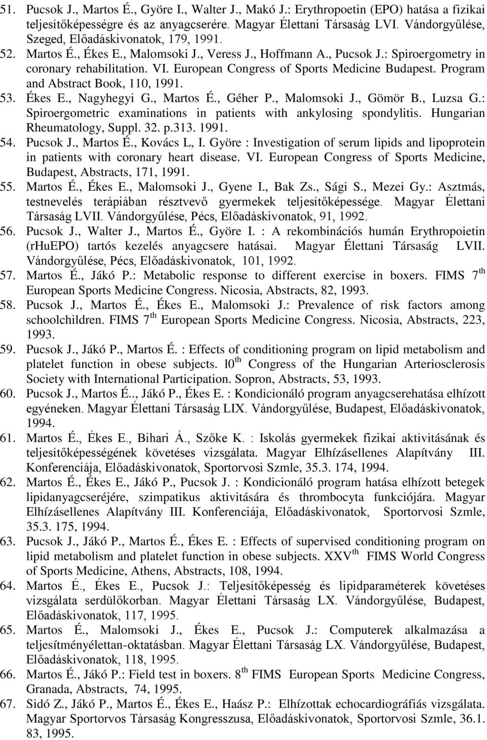 European Congress of Sports Medicine Budapest. Program and Abstract Book, 110, 1991. 53. Ékes E., Nagyhegyi G., Martos É., Géher P., Malomsoki J., Gömör B., Luzsa G.