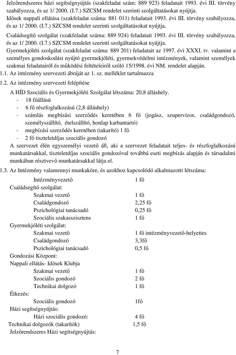 Családsegítı szolgálat (szakfeladat száma: 889 924) feladatait 1993. évi III. törvény szabályozza, és az 1/ 2000. (I.7.) SZCSM rendelet szerinti szolgáltatásokat nyújtja.