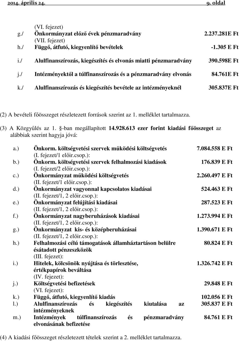 / Alulfinanszírozás és kiegészítés bevétele az intézményeknél 305.837E Ft (2) A bevételi főösszeget részletezett források szerint az 1. melléklet tartalmazza. (3) A Közgyűlés az 1.