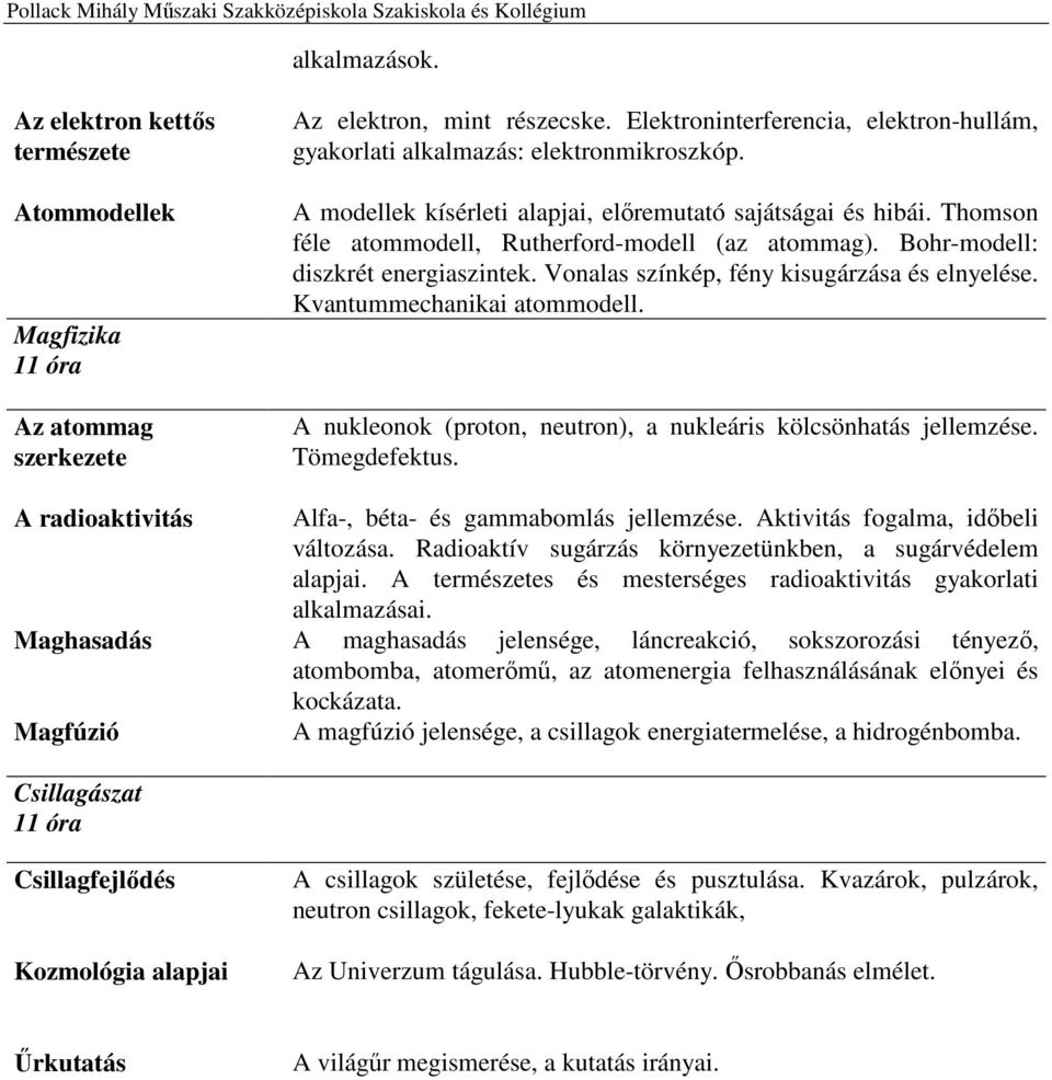 Thomson féle atommodell, Rutherford-modell (az atommag). Bohr-modell: diszkrét energiaszintek. Vonalas színkép, fény kisugárzása és elnyelése. Kvantummechanikai atommodell.