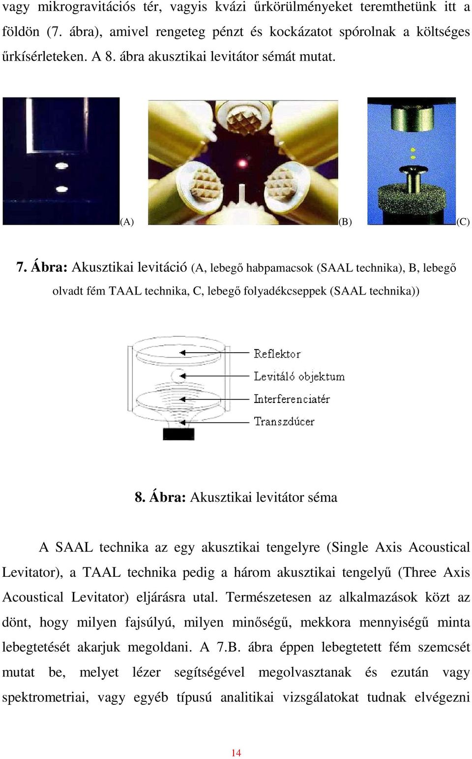 Ábra: Akusztikai levitáció (A, lebegı habpamacsok (SAAL technika), B, lebegı olvadt fém TAAL technika, C, lebegı folyadékcseppek (SAAL technika)) 8.