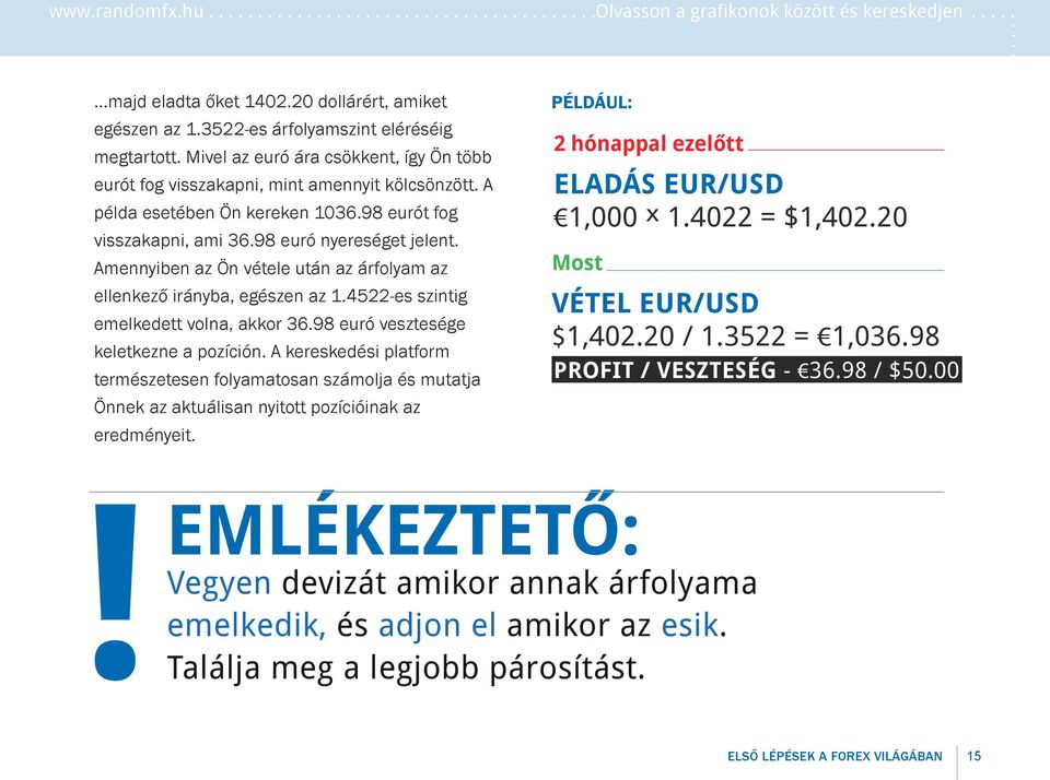 Amennyiben az Ön vétele után az árfolyam az ellenkező irányba, egészen az 1.4522-es szintig emelkedett volna, akkor 36.98 euró vesztesége keletkezne a pozíción.