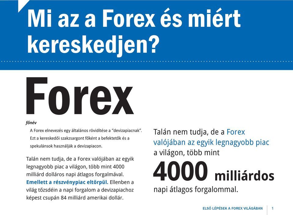 Talán nem tudja, de a Forex valójában az egyik legnagyobb piac a világon, több mint 4000 milliárd dolláros napi átlagos forgalmával.
