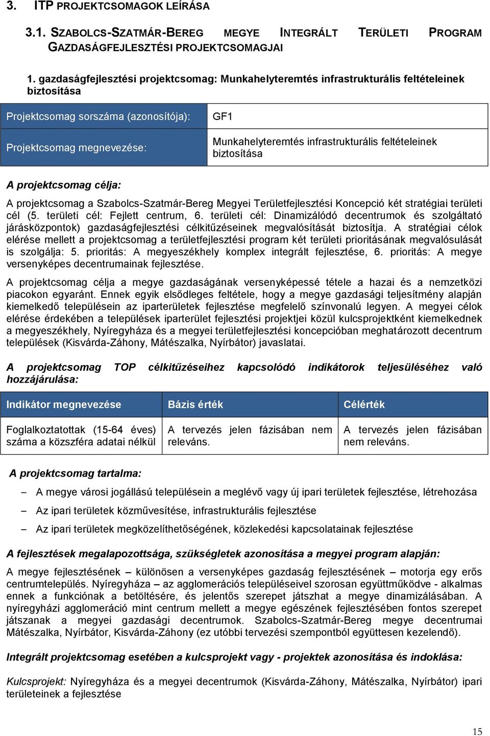 infrastrukturális feltételeinek biztosítása A projektcsomag célja: A projektcsomag a Szabolcs-Szatmár-Bereg Megyei Területfejlesztési Koncepció két stratégiai területi cél (5.