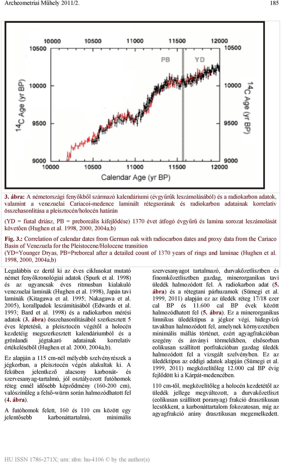 korrelatív összehasonlítása a pleisztocén/holocén határán (YD = fiatal driász, PB = preboreális kifejlődése) 1370 évet átfogó évgyűrű és lamina sorozat leszámolását követően (Hughen et al.
