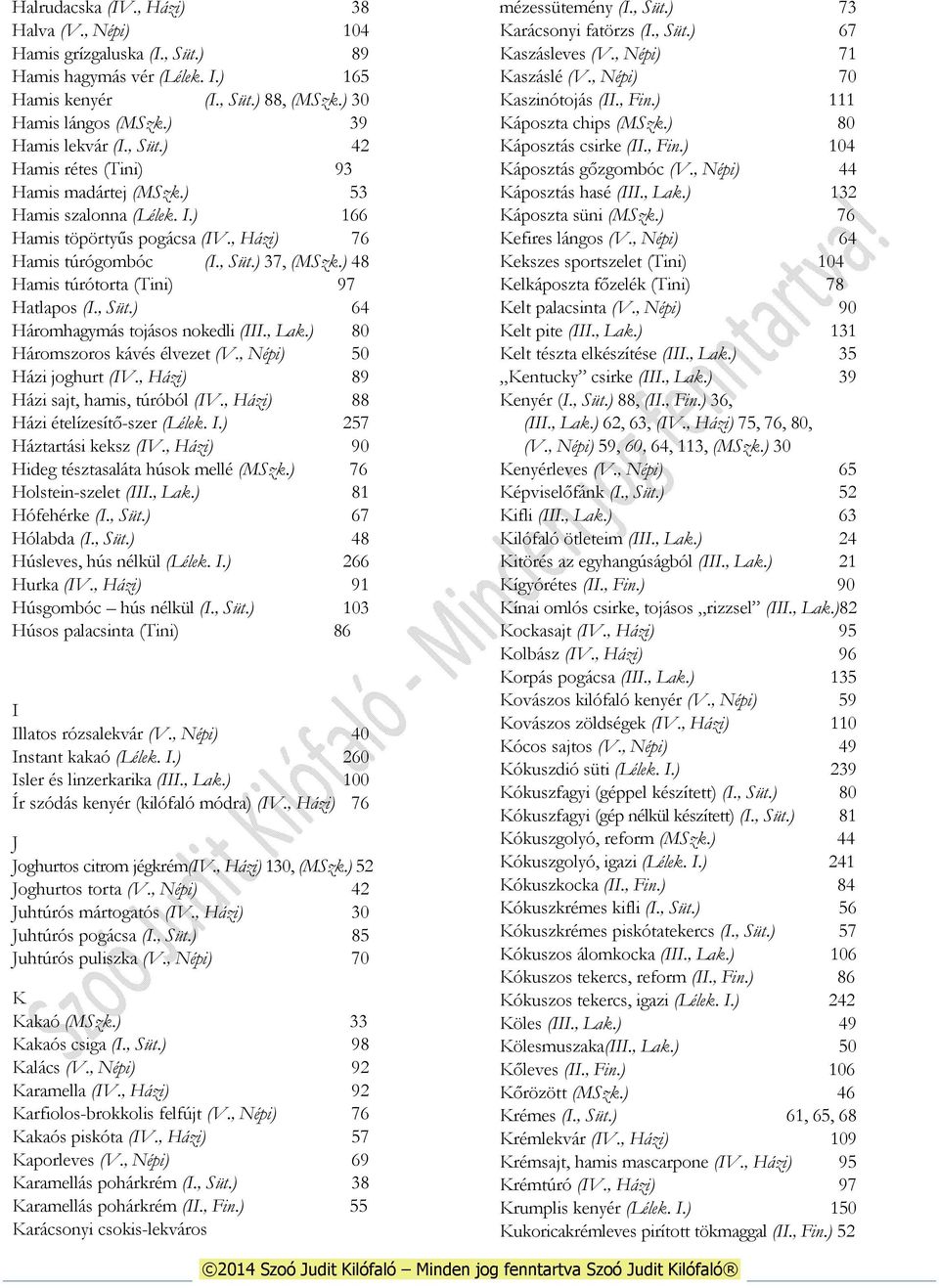 , Lak.) 80 Háromszoros kávés élvezet (V., Népi) 50 Házi joghurt (IV., Házi) 89 Házi sajt, hamis, túróból (IV., Házi) 88 Házi ételízesítő-szer (Lélek. I.) 257 Háztartási keksz (IV.