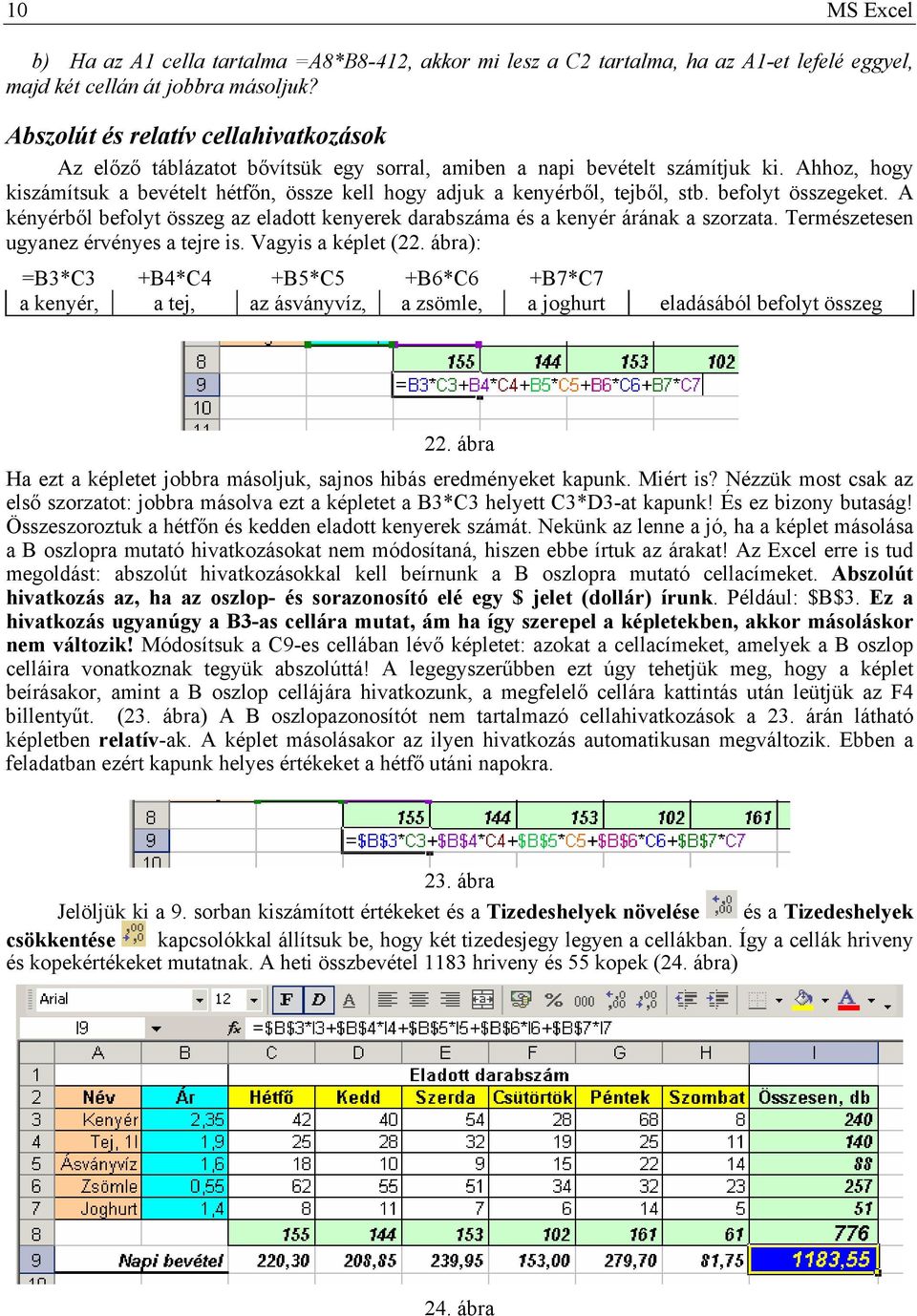 Ahhoz, hogy kiszámítsuk a bevételt hétfőn, össze kell hogy adjuk a kenyérből, tejből, stb. befolyt összegeket. A kényérből befolyt összeg az eladott kenyerek darabszáma és a kenyér árának a szorzata.