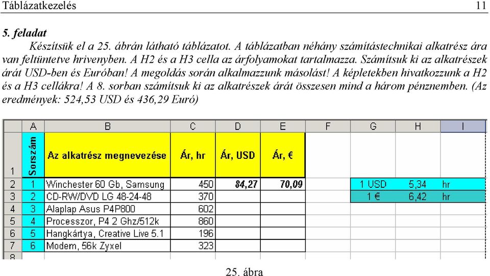 A H2 és a H3 cella az árfolyamokat tartalmazza. Számítsuk ki az alkatrészek árát USD-ben és Euróban!