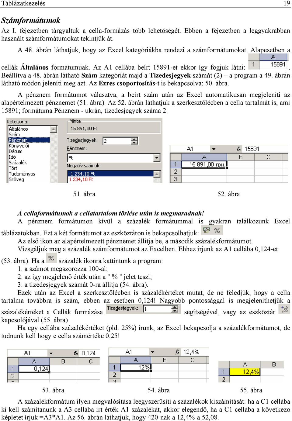 ábrán látható Szám kategóriát majd a Tizedesjegyek számát (2) a program a 49. ábrán látható módon jeleníti meg azt. Az Ezres csoportosítás-t is bekapcsolva: 50. ábra.