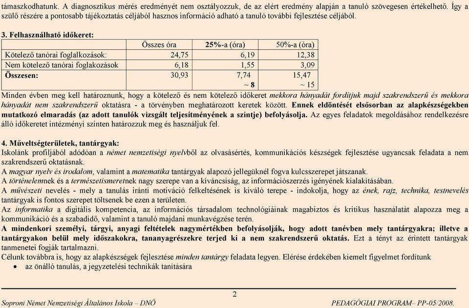 Felhasználható időkeret: Összes óra 25%-a (óra) 50%-a (óra) Kötelező tanórai foglalkozások: 24,75 6,19 12,38 Nem kötelező tanórai foglakozások 6,18 1,55 3,09 Összesen: 30,93 7,74 ~ 8 15,47 ~ 15