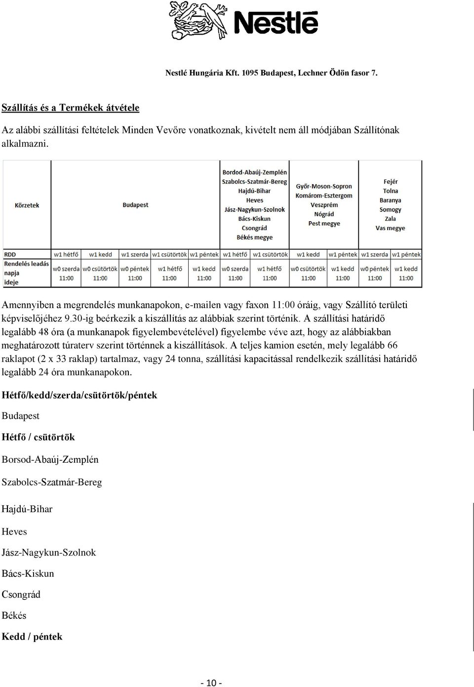 A szállítási határidő legalább 48 óra (a munkanapok figyelembevételével) figyelembe véve azt, hogy az alábbiakban meghatározott túraterv szerint történnek a kiszállítások.