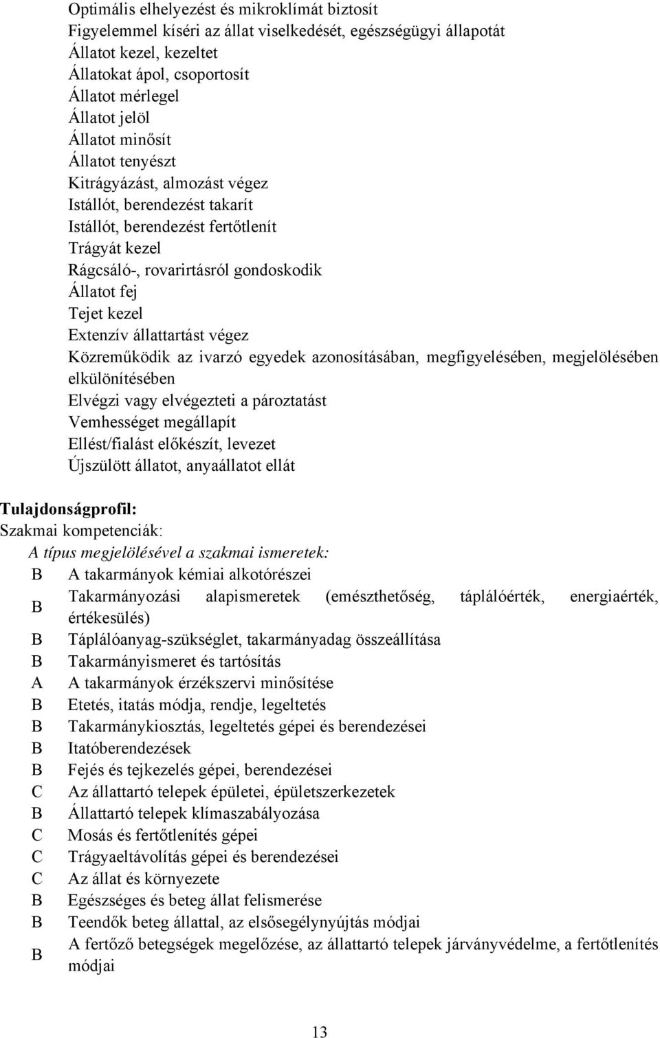 kezel Extenzív állattartást végez Közreműködik az ivarzó egyedek azonosításában, megfigyelésében, megjelölésében elkülönítésében Elvégzi vagy elvégezteti a pároztatást Vemhességet megállapít