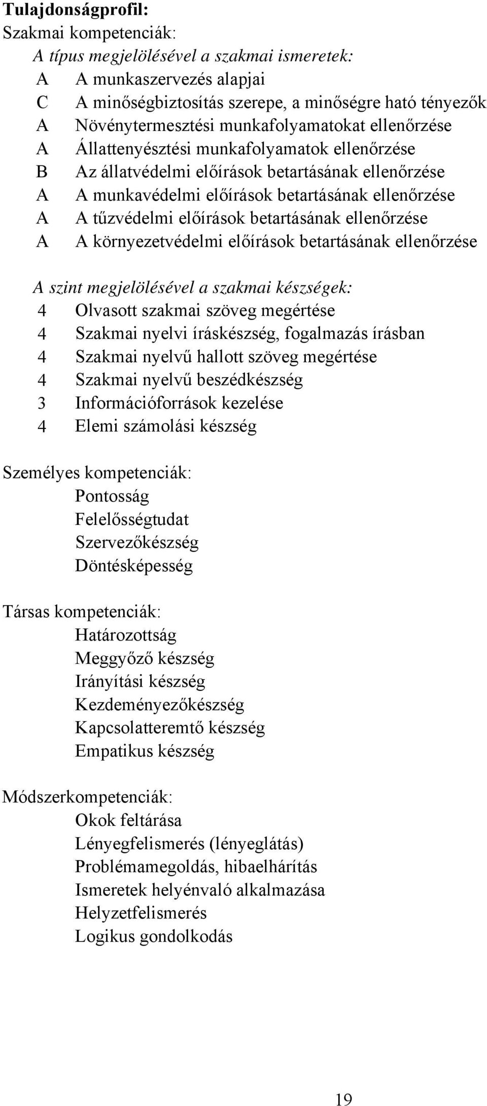 előírások betartásának ellenőrzése A A környezetvédelmi előírások betartásának ellenőrzése A szint megjelölésével a szakmai készségek: 4 Olvasott szakmai szöveg megértése 4 Szakmai nyelvi