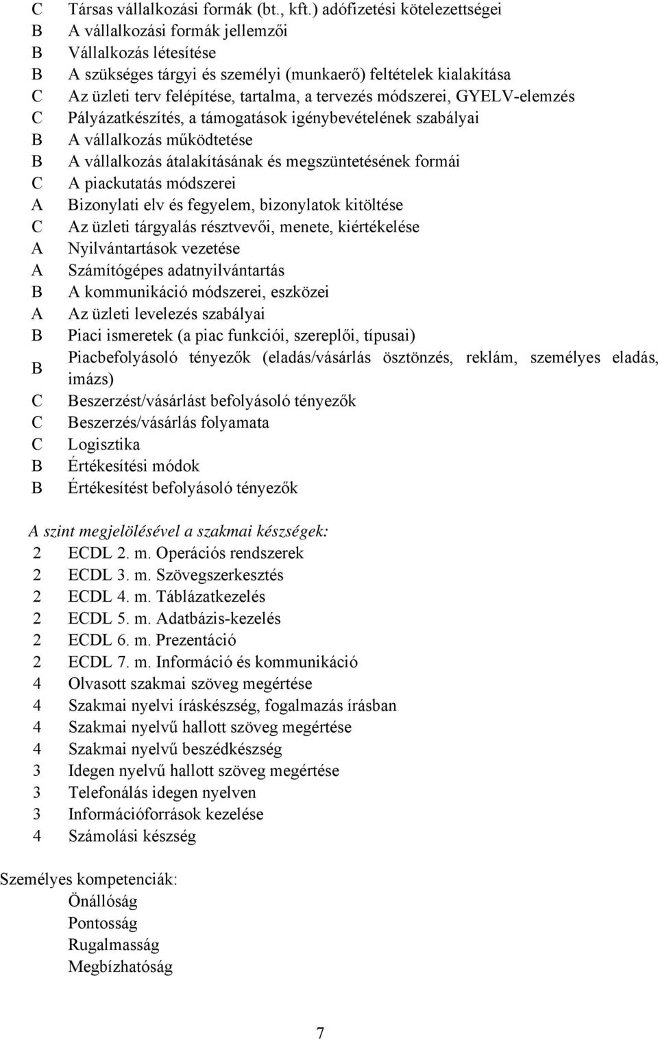 módszerei, GYELV-elemzés Pályázatkészítés, a támogatások igénybevételének szabályai A vállalkozás működtetése A vállalkozás átalakításának és megszüntetésének formái A piackutatás módszerei izonylati