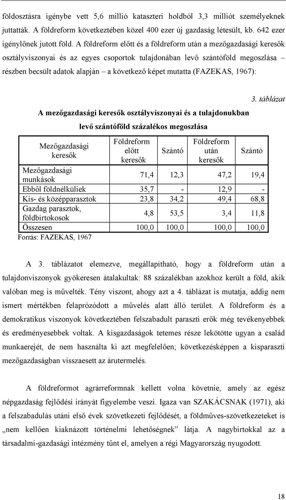 (FAZEKAS, 1967): A mezőgazdasági keresők osztályviszonyai és a tulajdonukban Mezőgazdasági keresők levő szántóföld százalékos megoszlása Földreform előtt keresők Szántó Földreform után keresők 3.