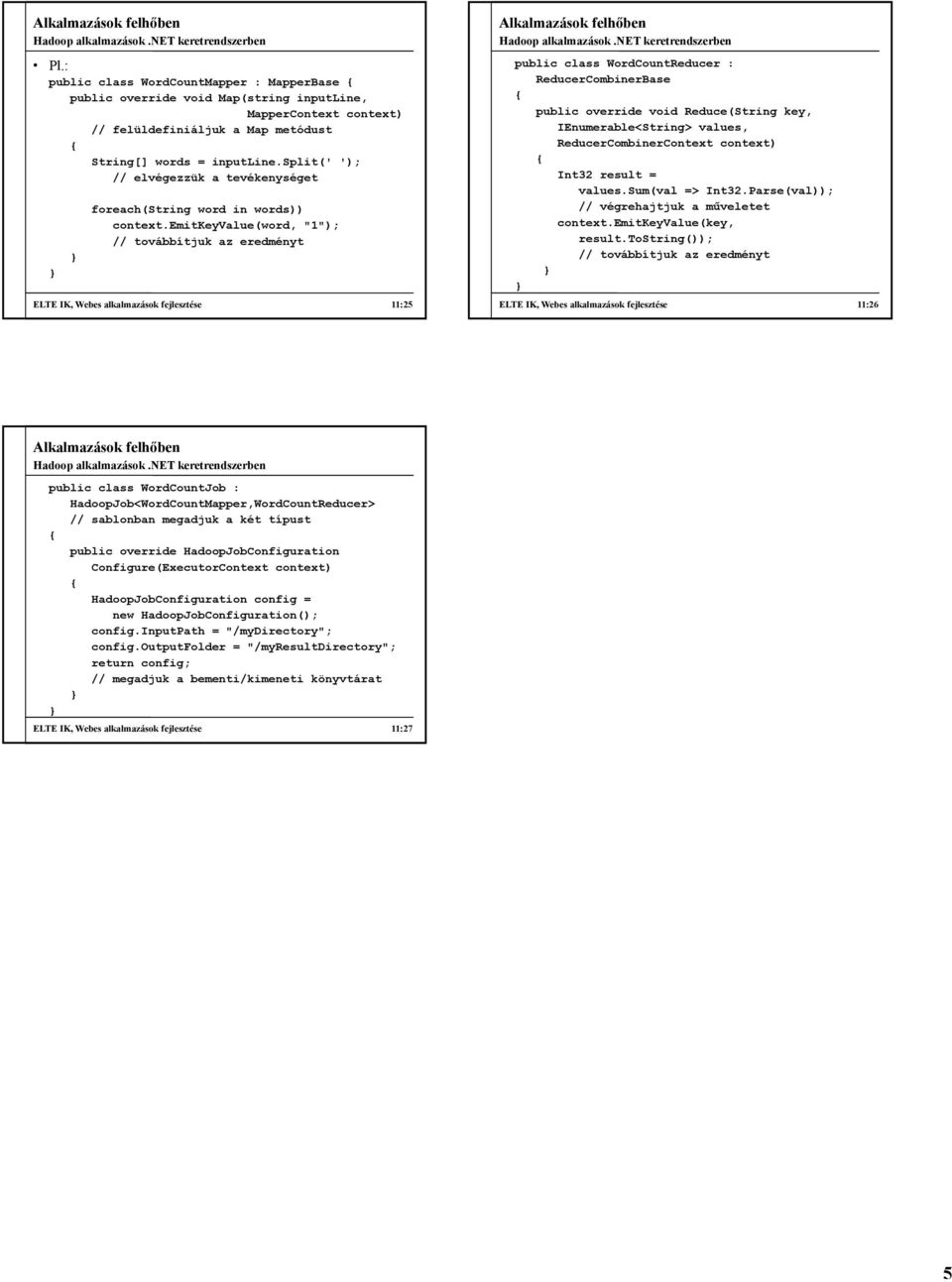 emitkeyvalue(word, "1"); // továbbítjuk az eredményt ELTE IK, Webes alkalmazások fejlesztése 11:25 public class WordCountReducer : ReducerCombinerBase public override void Reduce(String key,