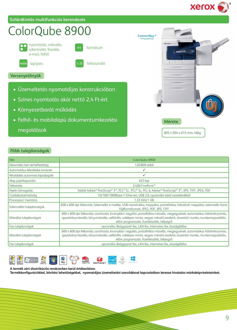 terhelhetőség Automatikus kétoldalas kimenet Kétoldalas automata lapadagoló Csatlakoztathatóság Processzor/ memória Szkennelési tulajdonságok Másolási tulajdonságok Fax tulajdonságok Másolási