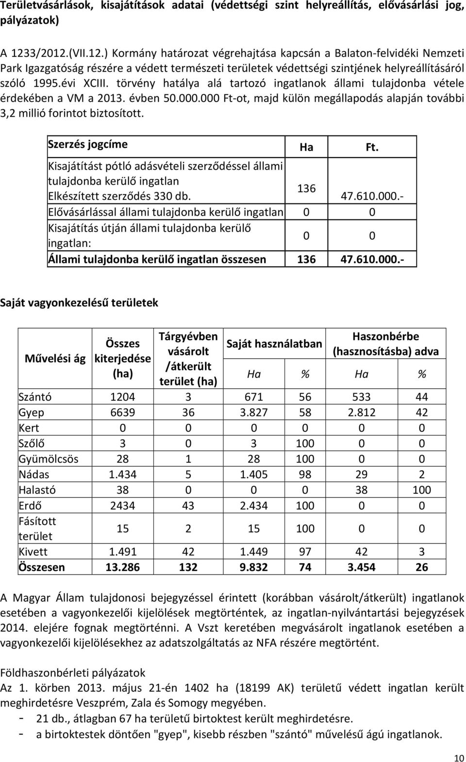 törvény hatálya alá tartozó ingatlanok állami tulajdonba vétele érdekében a VM a 2013. évben 50.000.000 Ft-ot, majd külön megállapodás alapján további 3,2 millió forintot biztosított.