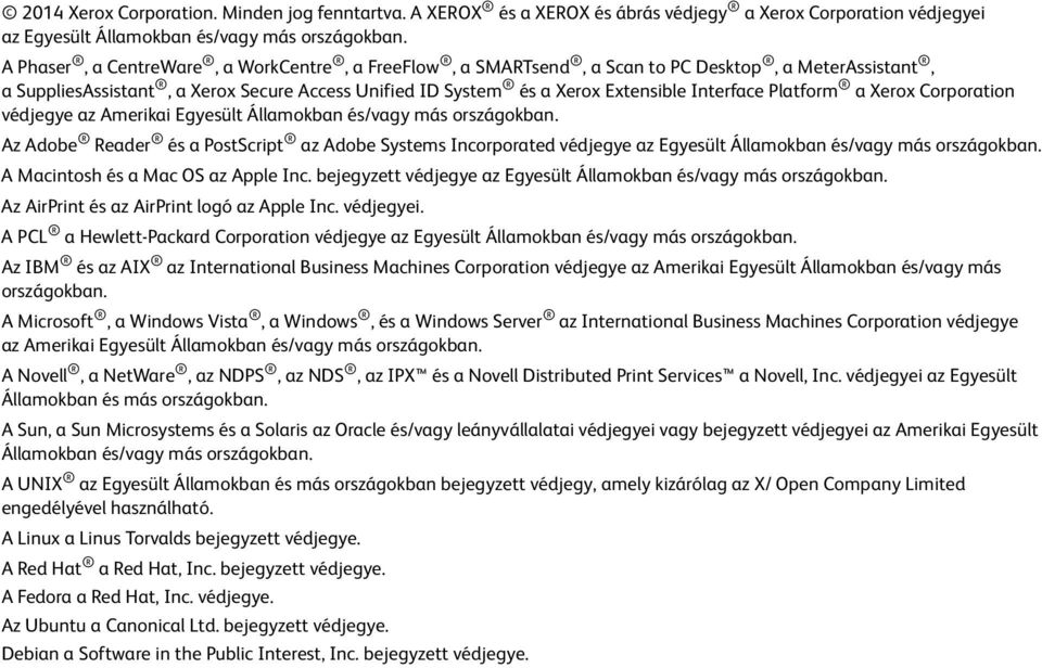 Platform a Xerox Corporation védjegye az Amerikai Egyesült Államokban és/vagy más országokban.