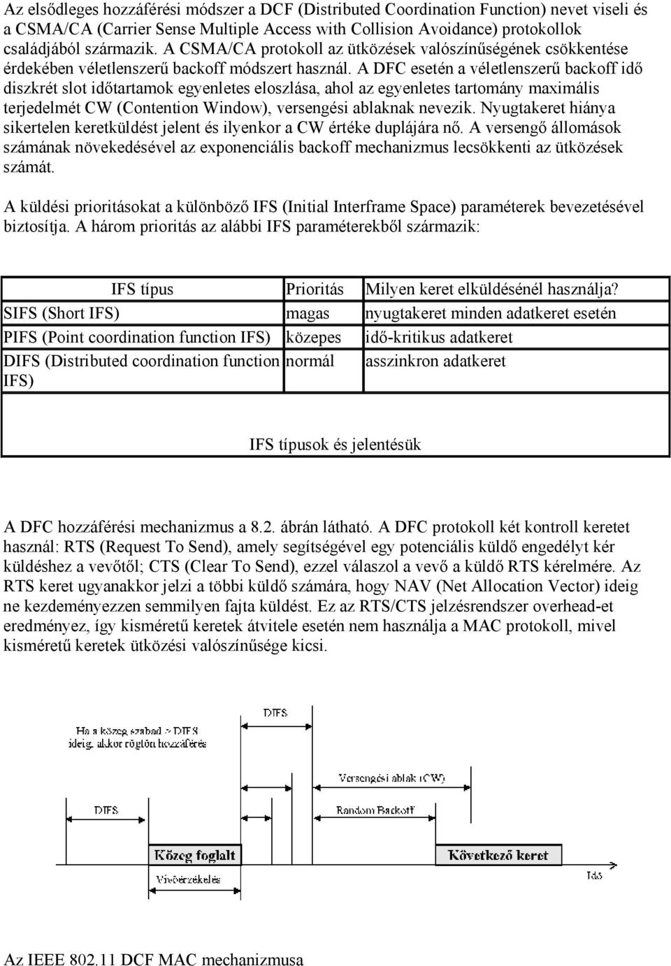 A DFC esetén a véletlenszerű backoff idő diszkrét slot időtartamok egyenletes eloszlása, ahol az egyenletes tartomány maximális terjedelmét CW (Contention Window), versengési ablaknak nevezik.