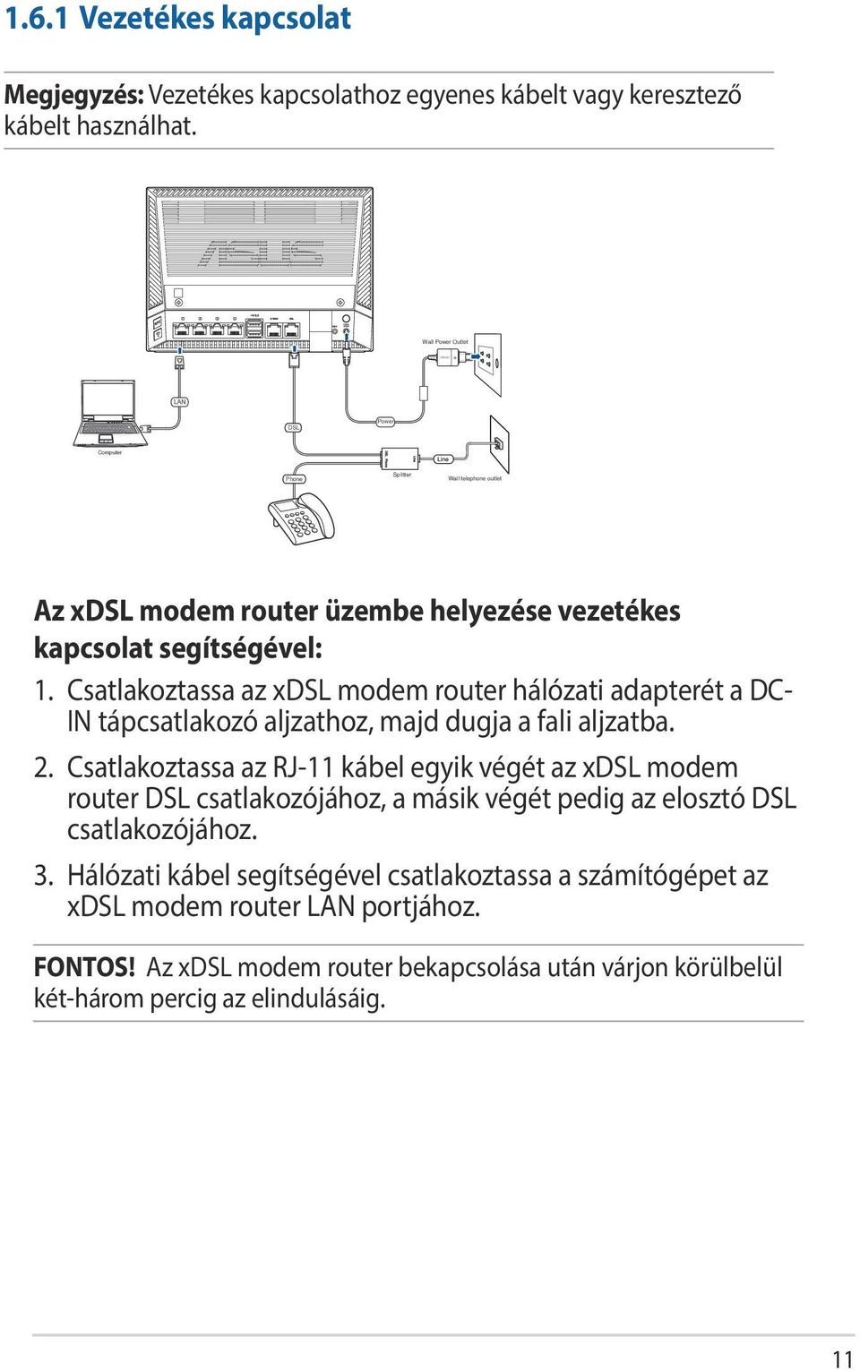 Csatlakoztassa az xdsl modem router hálózati adapterét a DC- IN tápcsatlakozó aljzathoz, majd dugja a fali aljzatba. 2.