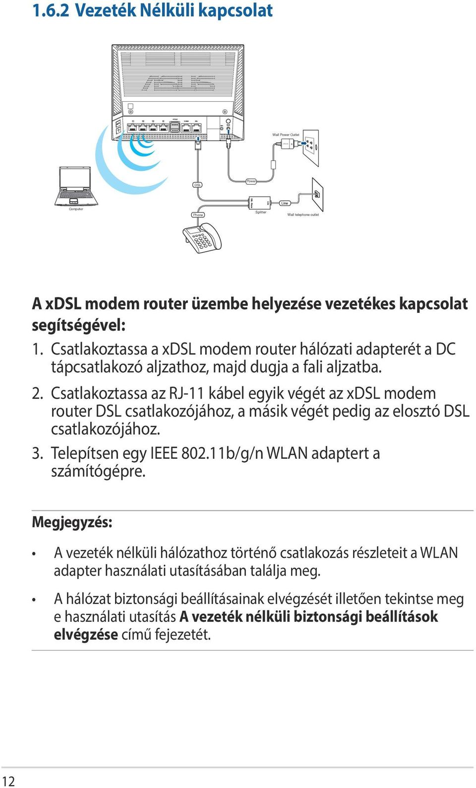 Csatlakoztassa az RJ-11 kábel egyik végét az xdsl modem router DSL csatlakozójához, a másik végét pedig az elosztó DSL csatlakozójához. 3. Telepítsen egy IEEE 802.