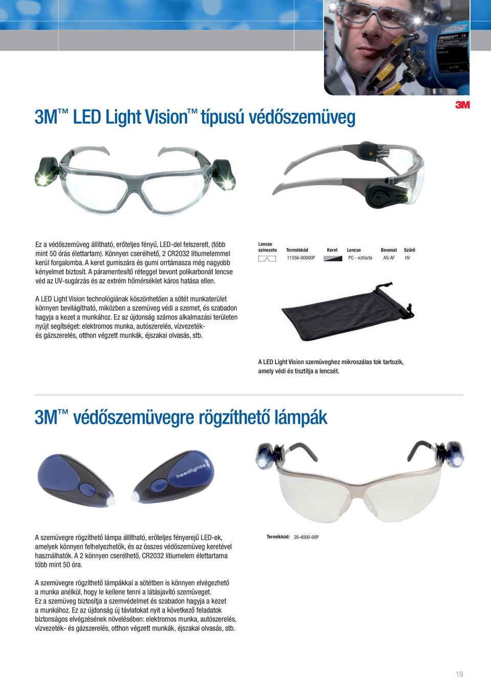 színezete Termékkód Keret Bevonat Szűrő 11356-00000P A LED Light Vision technológiának köszönhetően a sötét munkaterület könnyen bevilágítható, miközben a szemüveg védi a szemet, és szabadon hagyja a