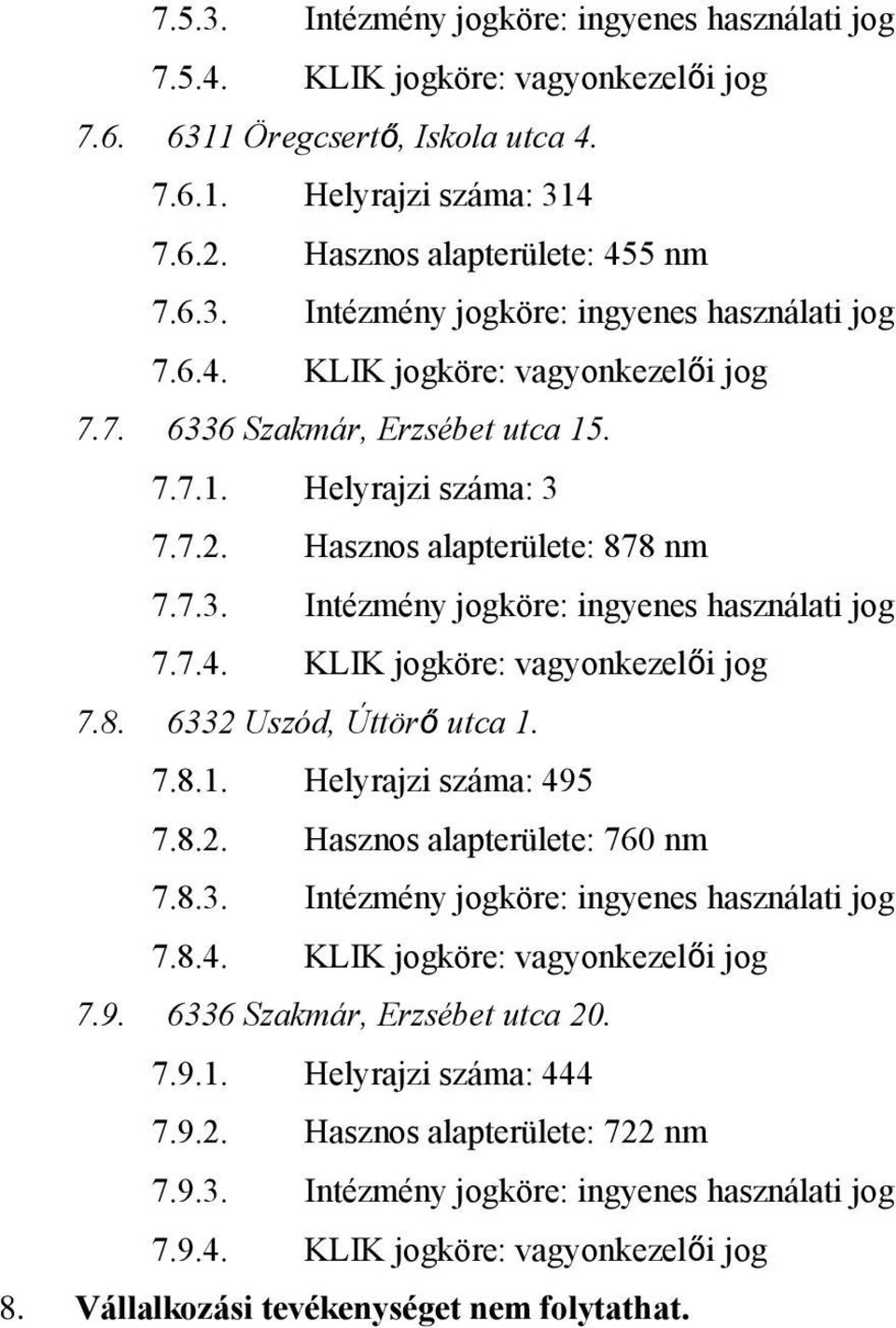 8.2. Hasznos alapterülete: 760 nm 7.8.3. Intézmény jogköre: ingyenes használati jog 7.8.4. KLIK jogköre: vagyonkezelői jog 7.9. 6336 Szakmár, Erzsébet utca 20. 7.9.1. Helyrajzi száma: 444 7.9.2. Hasznos alapterülete: 722 nm 7.