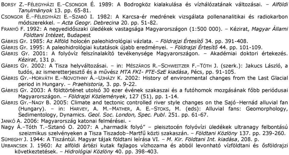 1992: A negyedidőszaki üledékek vastagsága Magyarországon (1:500 000). Kézirat, Magyar Állami Földtani Intézet, Budapest GÁBRIS GY. 1985: Az Alföld holocén paleohidrológiai vázlata.