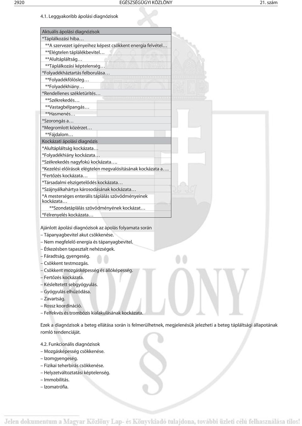 Leggyakoribb ápolási diagnózisok Aktuális ápolási diagnózisok *Táplálkozási hiba **A szervezet igényeihez képest csökkent energia felvétel **Elégtelen táplálékbevitel **Alultápláltság **Táplálkozási