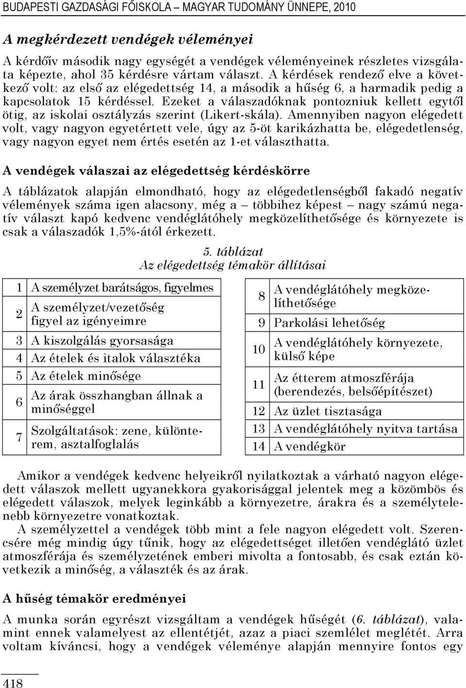 Ezeket a válaszadóknak pontozniuk kellett egytől ötig, az iskolai osztályzás szerint (Likert-skála).