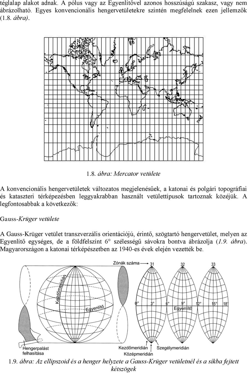 ábra: Mercator vetülete A konvencionális hengervetületek változatos megjelenésűek, a katonai és polgári topográfiai és kataszteri térképezésben leggyakrabban használt vetülettípusok tartoznak közéjük.