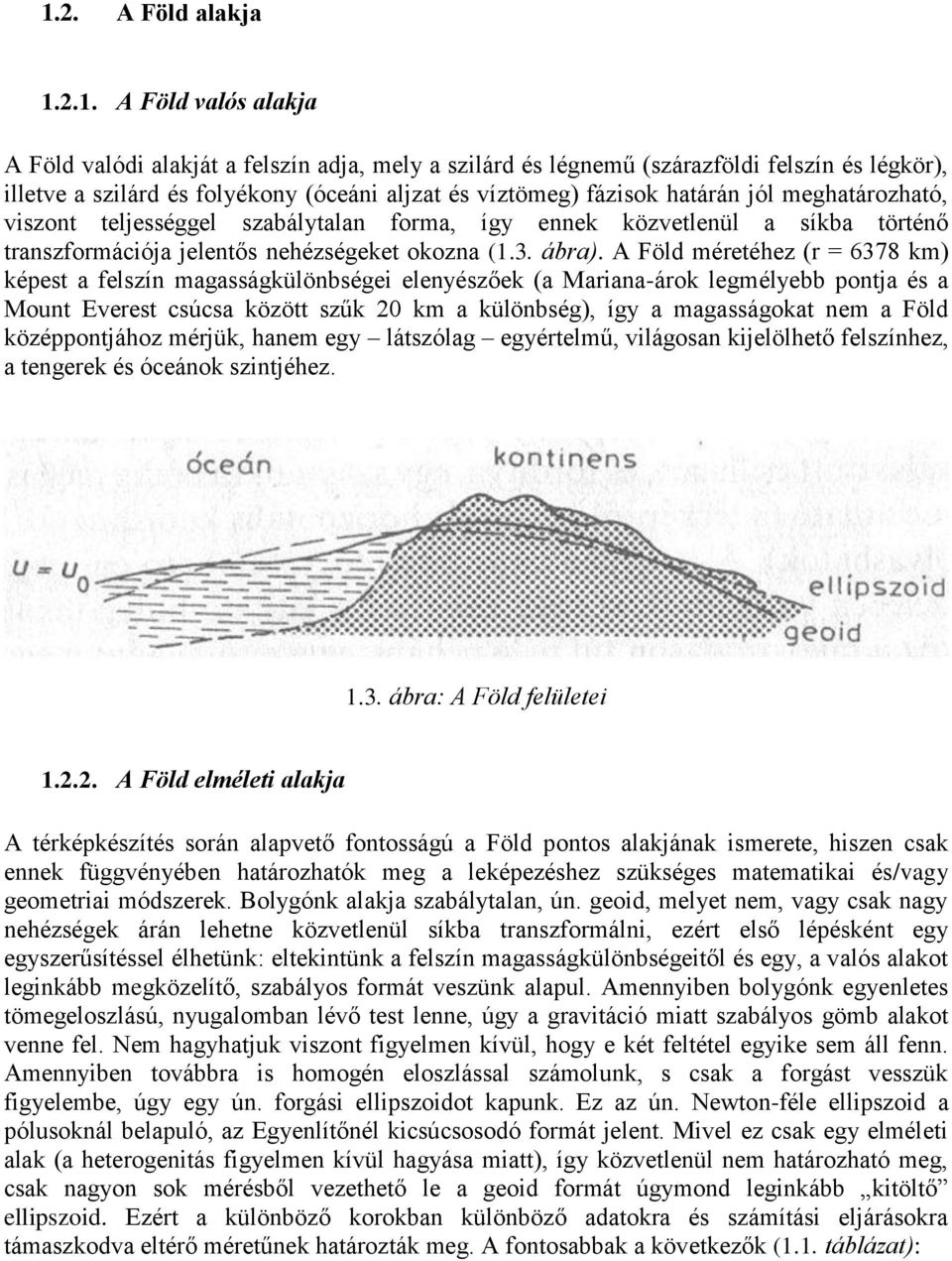 A Föld méretéhez (r = 6378 km) képest a felszín magasságkülönbségei elenyészőek (a Mariana-árok legmélyebb pontja és a Mount Everest csúcsa között szűk 20 km a különbség), így a magasságokat nem a