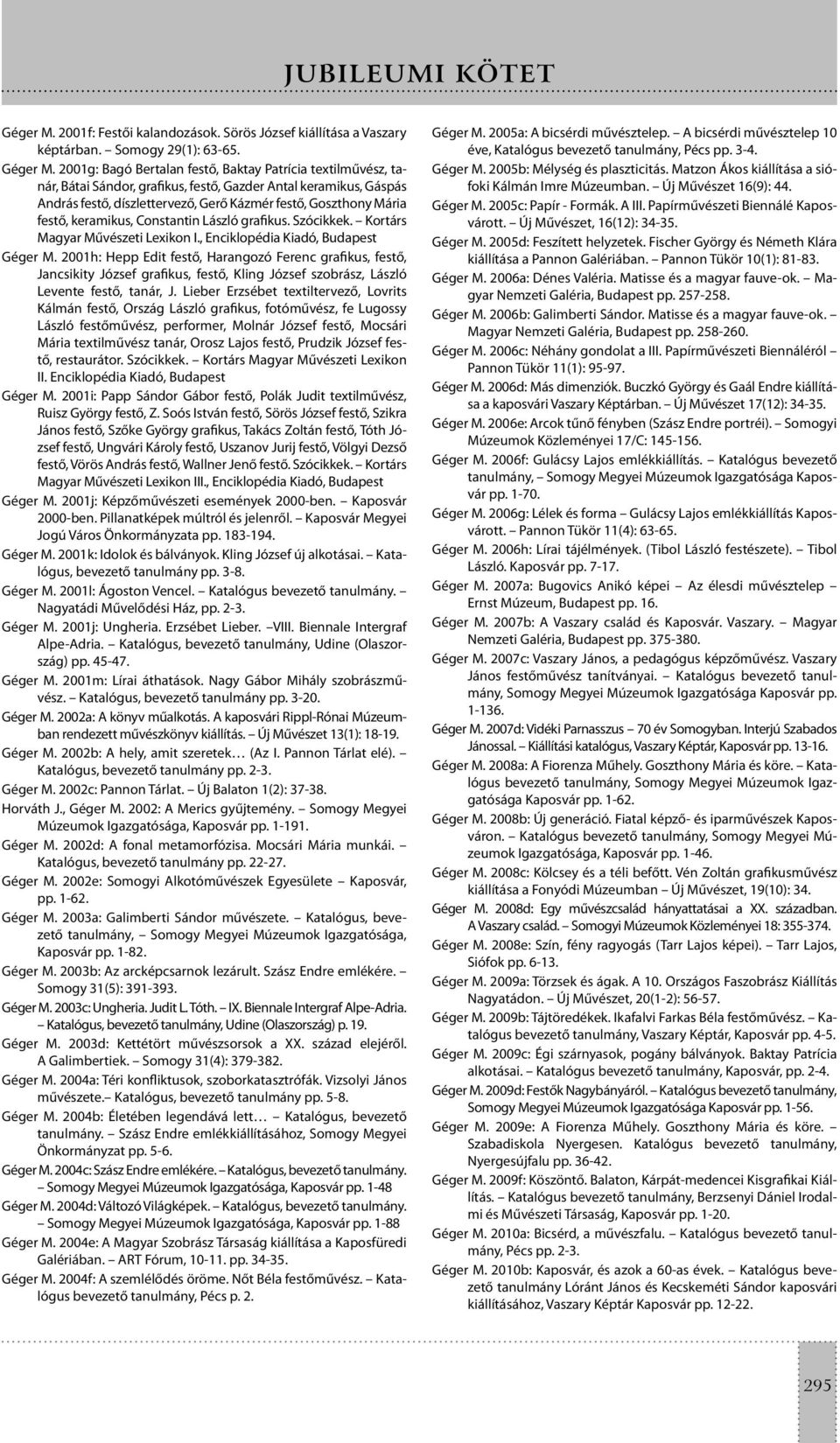 2001g: Bagó Bertalan festő, Baktay Patrícia textilművész, tanár, Bátai Sándor, grafikus, festő, Gazder Antal keramikus, Gáspás András festő, díszlettervező, Gerő Kázmér festő, Goszthony Mária festő,