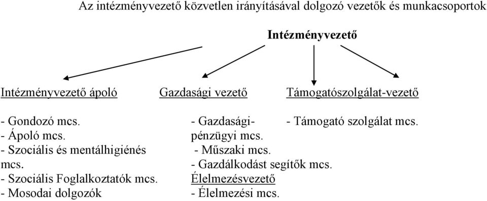 - Gazdasági- - Támogató szolgálat mcs. - Ápoló mcs. pénzügyi mcs.