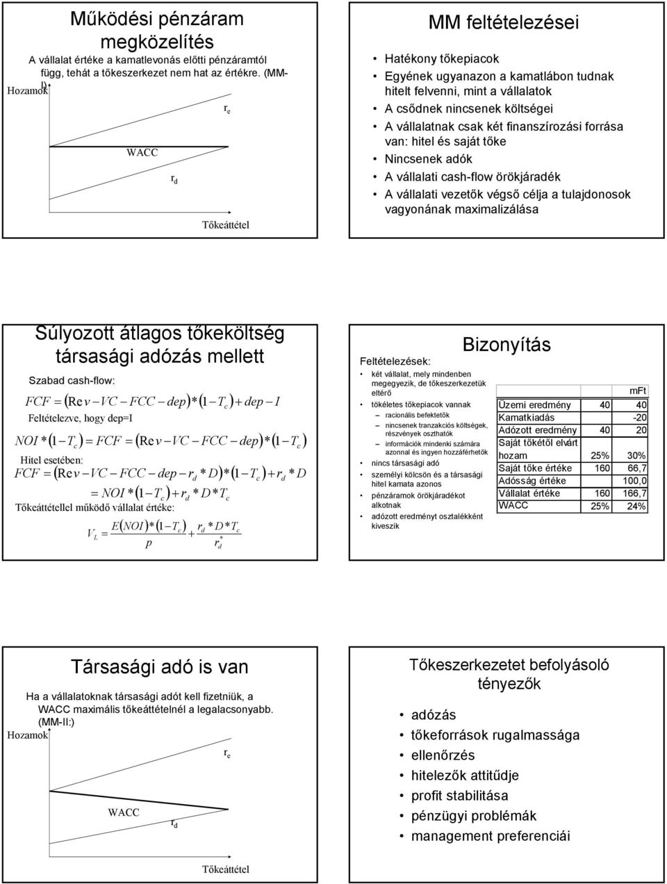 fiaszírozási forrása va: hitel és saját tőke Nicseek adók A vállalati cash-flow örökjáradék A vállalati vezetők végső célja a tulajdoosok vagyoáak maximalizálása Súlyozott átlagos tőkeköltség
