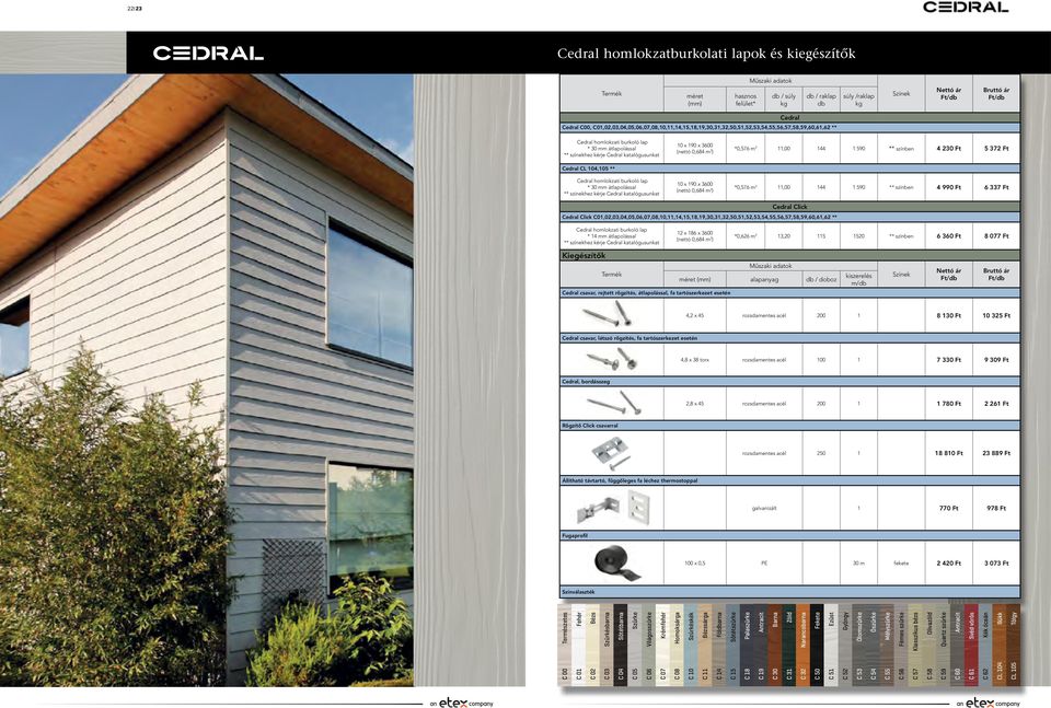 3600 (nettó 0,684 m 2 ) *0,576 m 2 11,00 144 1 590 ** 4 230 Ft 5 372 Ft Cedral CL 104,105 ** Cedral homlokzati burkoló lap * 30 mm átlapolással ** színekhez kérje Cedral katalógusunkat 10 x 190 x